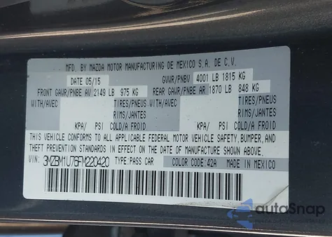 2015 Mazda Mazda3 I Sport из США, поврежденный, VIN 3MZBM1U76FM220420